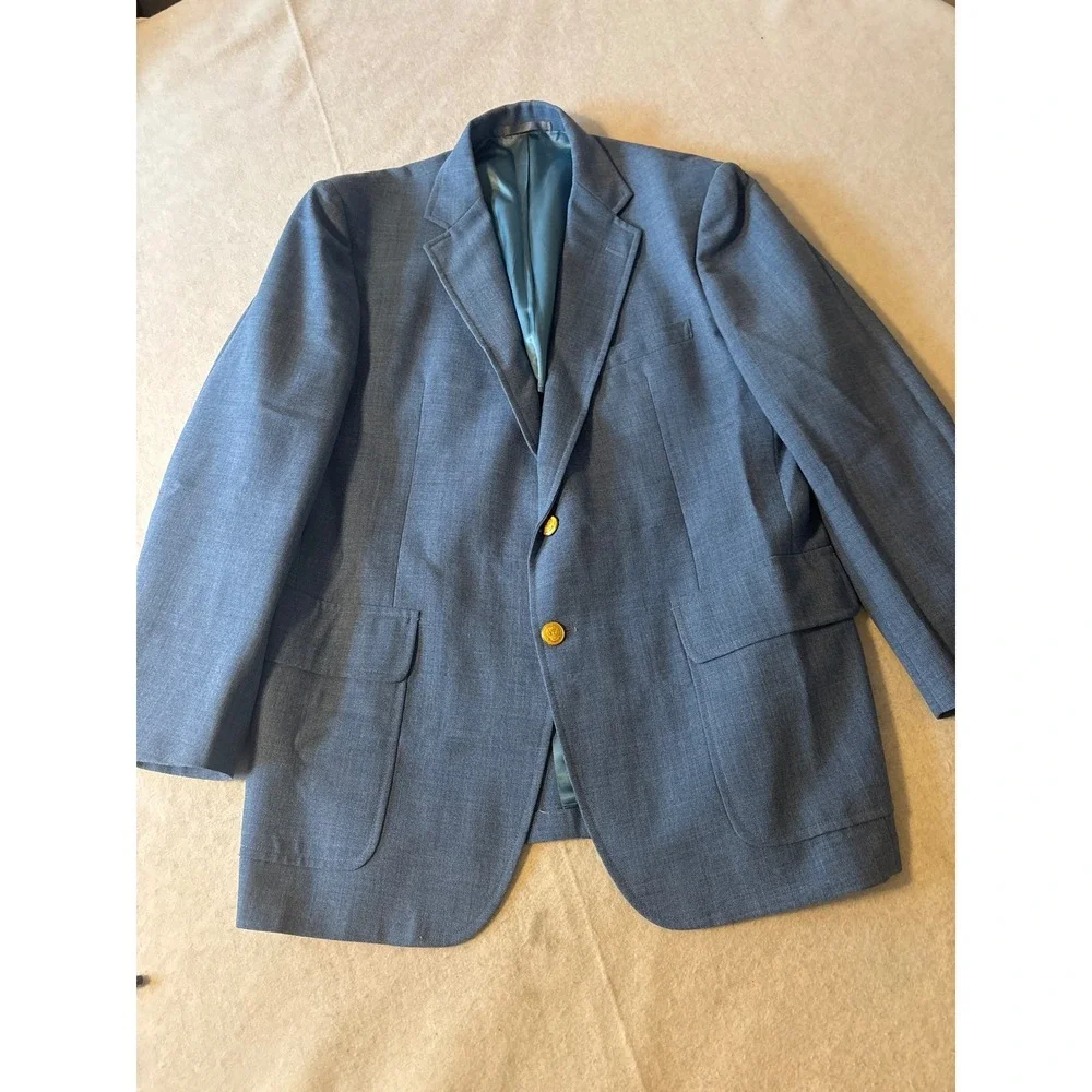 Stanley Blacker Blazer Men 38.5L Light Blue Gold Crest Button Preppy Sport Coat